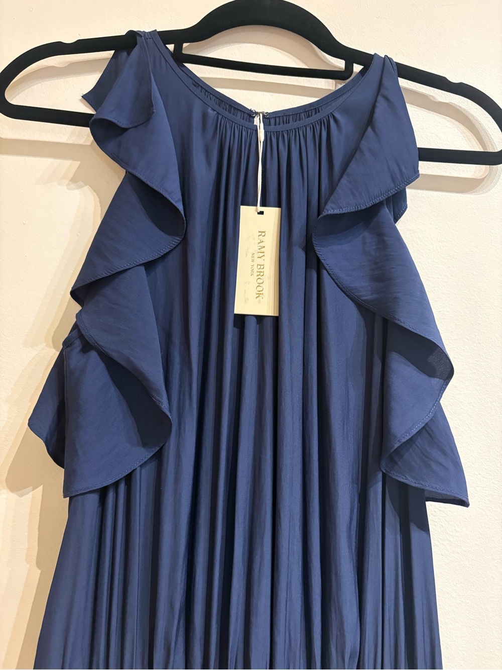 Ramy Brook NWT Rembi Ruffle Detail Smocked Waist Navy Blue Mini Dress Sz Medium - Picture 4 of 9
